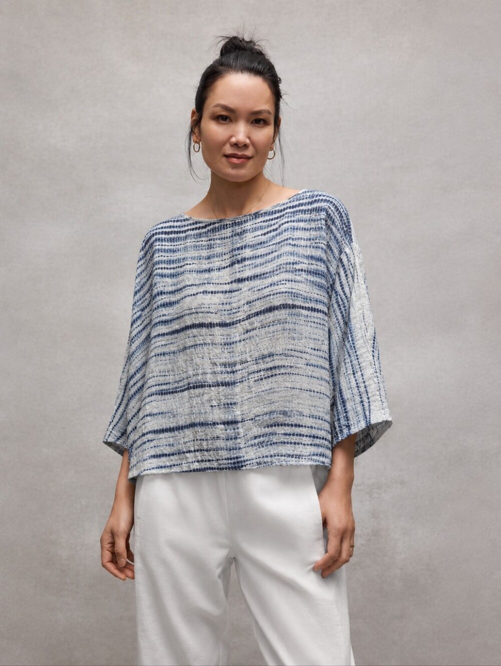 Eileen Fisher | Waterfall Shibori 100% Chiffon Silk Poncho One Size Blue Cream